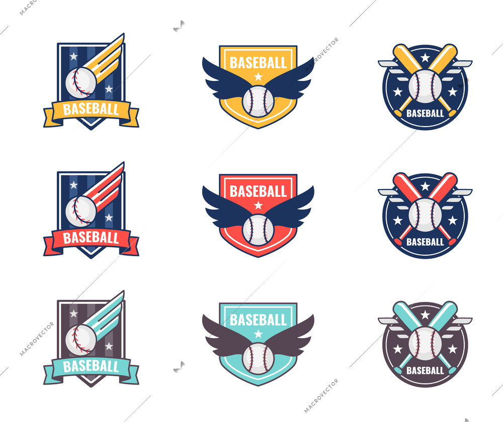 Baseball club badges and logos color set with ball bat and stars isolated on white background flat vector illustration