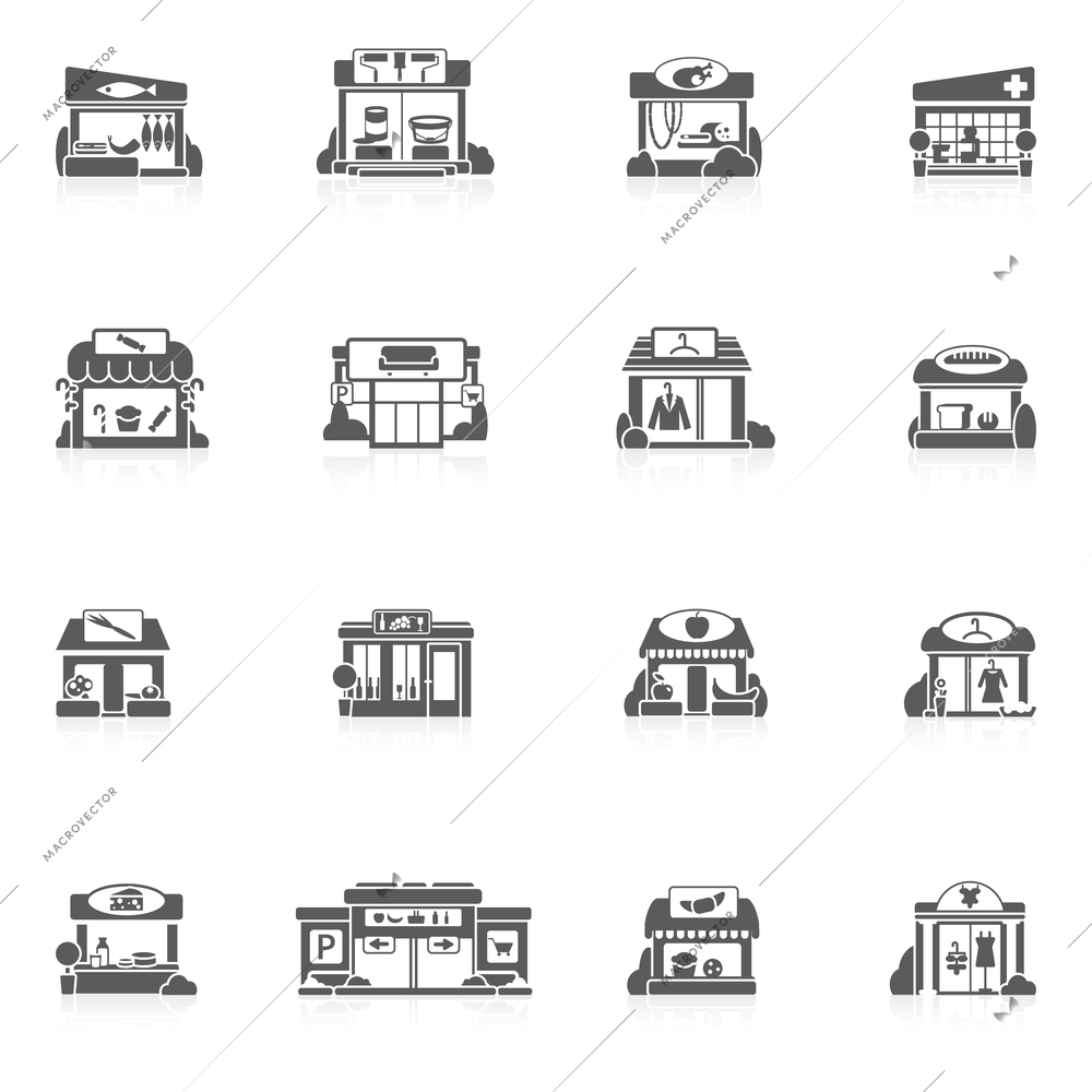 Store buildings market small restaurants black icons set isolated vector illustration