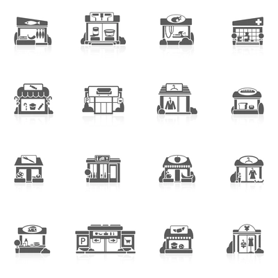 Store buildings market small restaurants black icons set isolated vector illustration