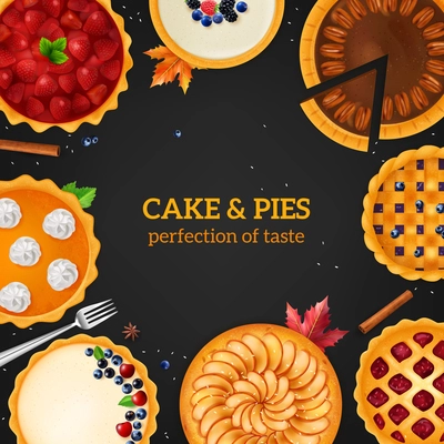 Realistic baking cakes pies composition with circle frame of sweets from top angle and editable text vector illustration