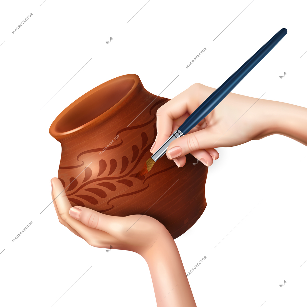 Realistic painting handmade pottery composition with view of human hands with brush drawing on brown pot vector illustration