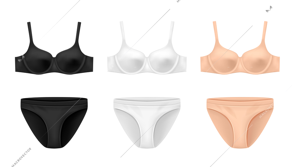 Realistic lingerie women set with isolated bra and panties images colored in white black and brown vector illustration