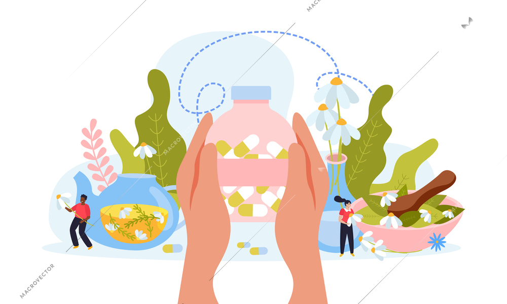 Herbal medicine flat design concept with human hands holding bottle of pills made from natural products vector illustration