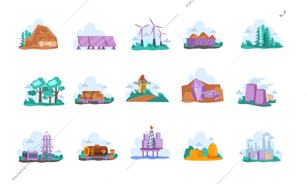 Renewable and nonrenewable types of world resources flat set of coal gas thermal sun minerals isolated vector illustration