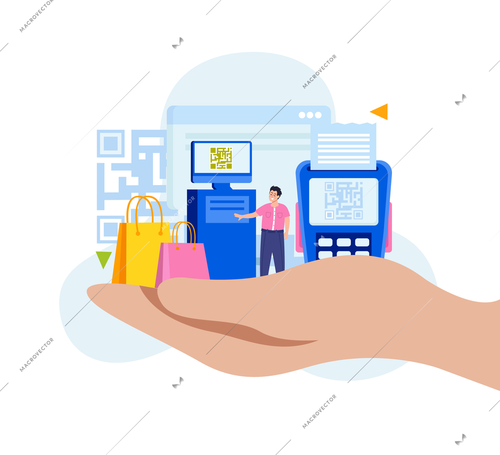 Shopping service flat composition with smart terminals for accepting payments by QR code vector illustration