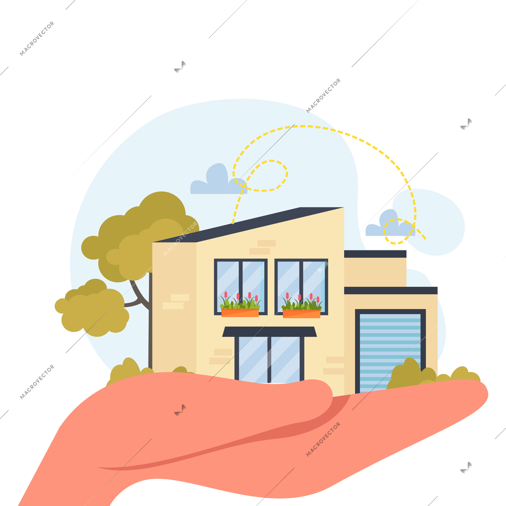 Human dreams flat composition with cozy private house in palm of hand vector illustration