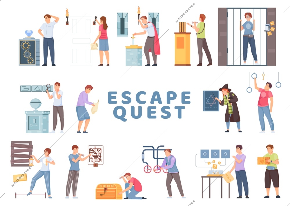 Quest escape game flat icon set visitors of the quest try to pass it and study the riddles vector illustration