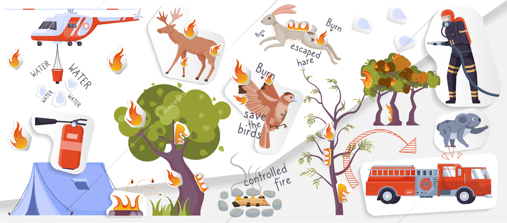 Forest fire flat collage icon set with water controlled fire escaped hare save the birds and other descriptions vector illustration