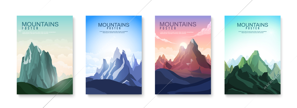 Flat vertical poster template set with landscape of mountains and sky isolated vector illustration