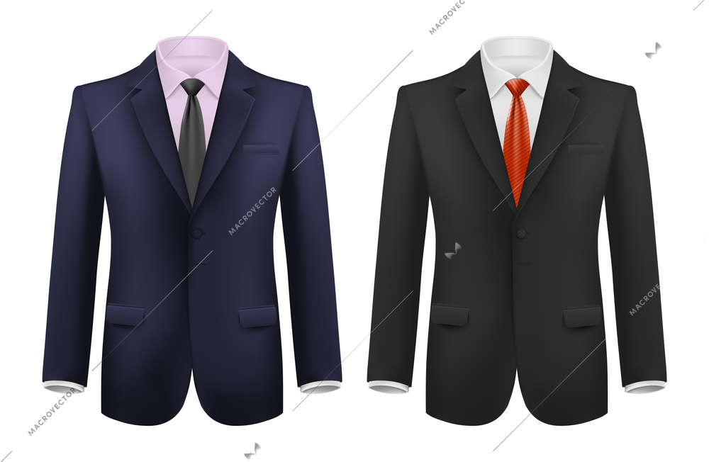 Man suit realistic set with smart jackets neckties and shirts of different colors isolated vector illustration