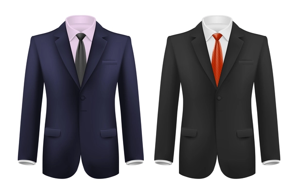 Man suit realistic set with smart jackets neckties and shirts of different colors isolated vector illustration