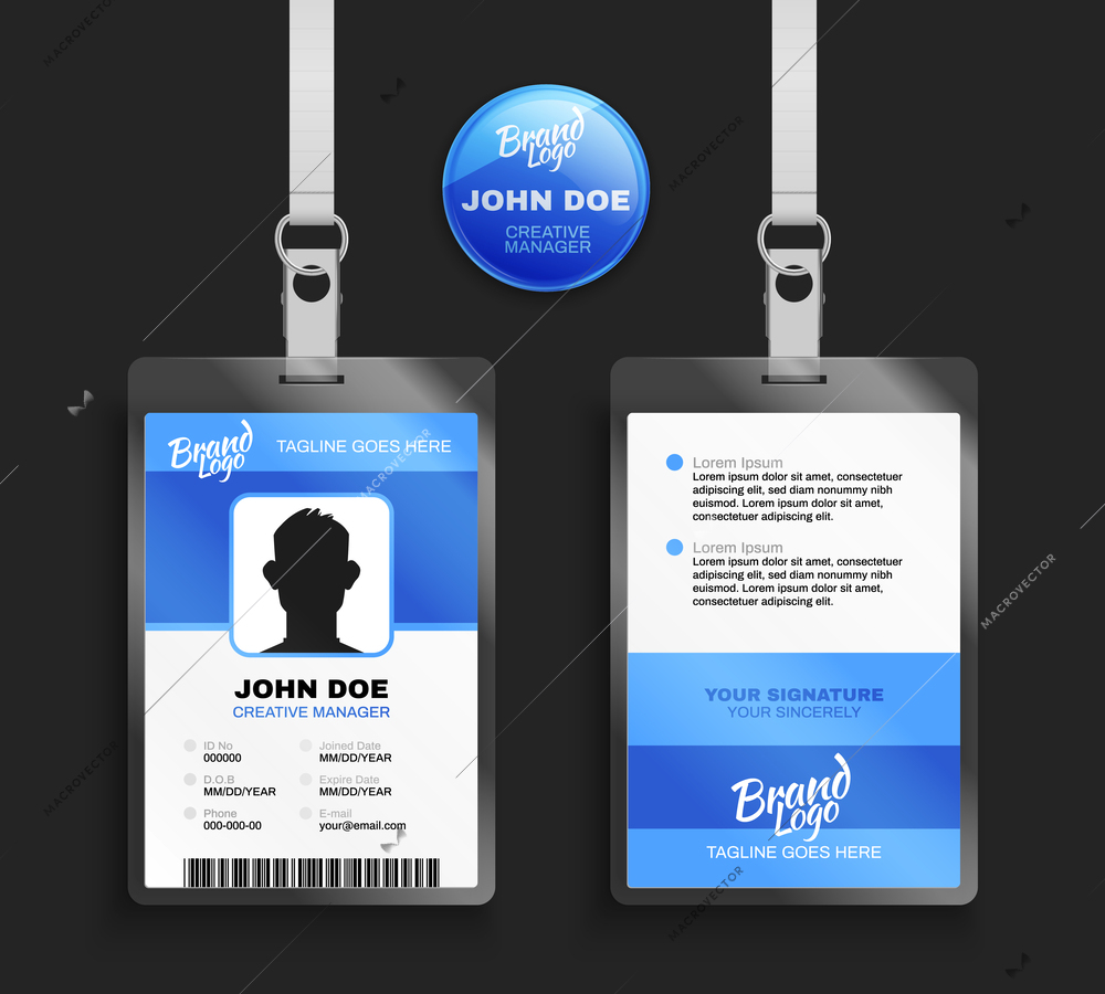 Realistic set of blue badge template front and back view of identification card with lanyard isolated against black background vector illustration