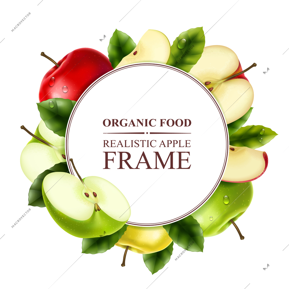 Green apple frame with orgranic food symbols realistic vector illustration