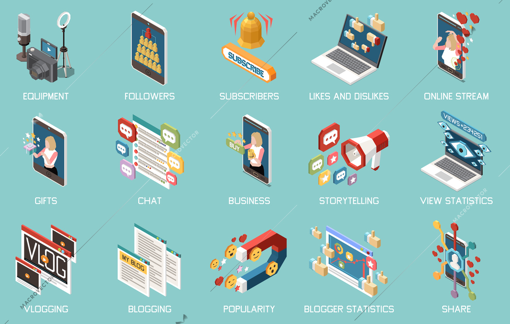 Social media influencer isometric set of 3d blogging and vlogging icons isolated on color background vector illustration