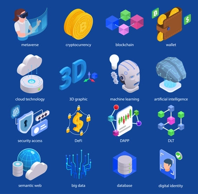 Web 3.0 technologies isometric set with digital identity database and big data icons isolated vector illustration