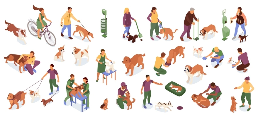 Dog sitter and lover set with cleaning pets poop  symbols isometric isolated vector illustration