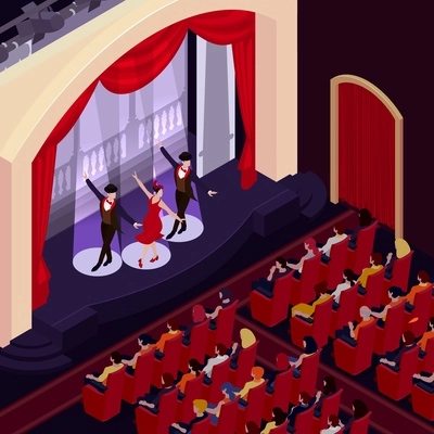 Theatre background with musical performance symbols isometric vector illustration