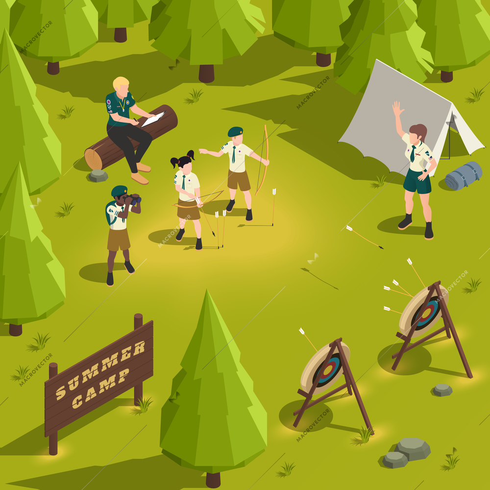 Children scouts practising archery with instructor in forest summer camp 3d isometric vector illustration