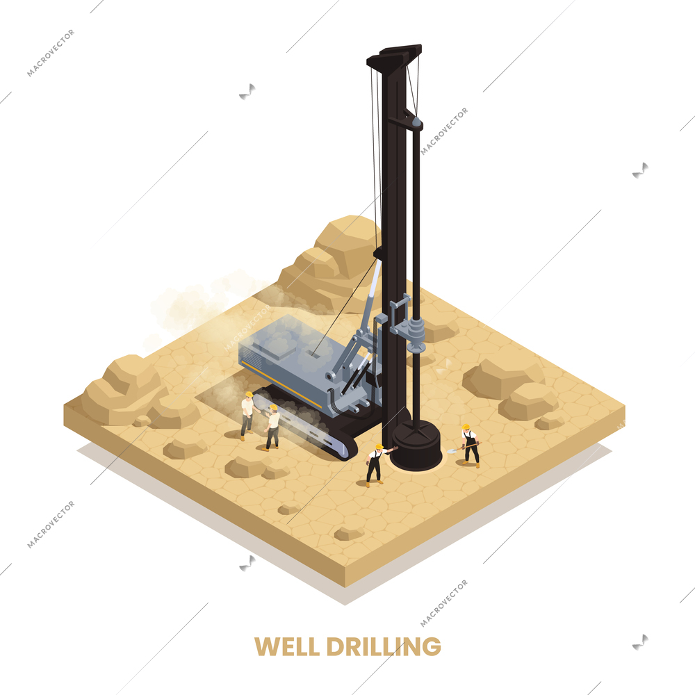 Well drilling process isometric composition with four workers and drill rig 3d vector illustration