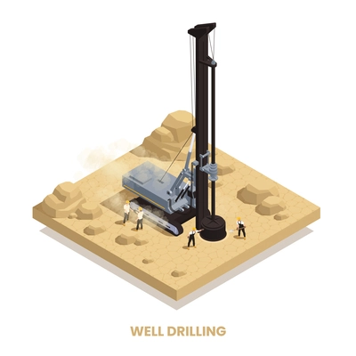 Well drilling process isometric composition with four workers and drill rig 3d vector illustration