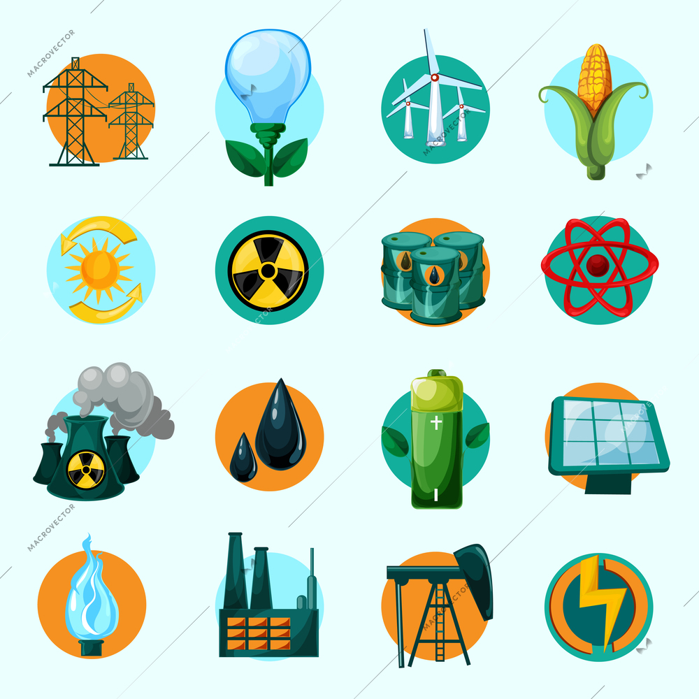 Energy icons set with lightbulb petrol gasoline solar battery isolated vector illustration