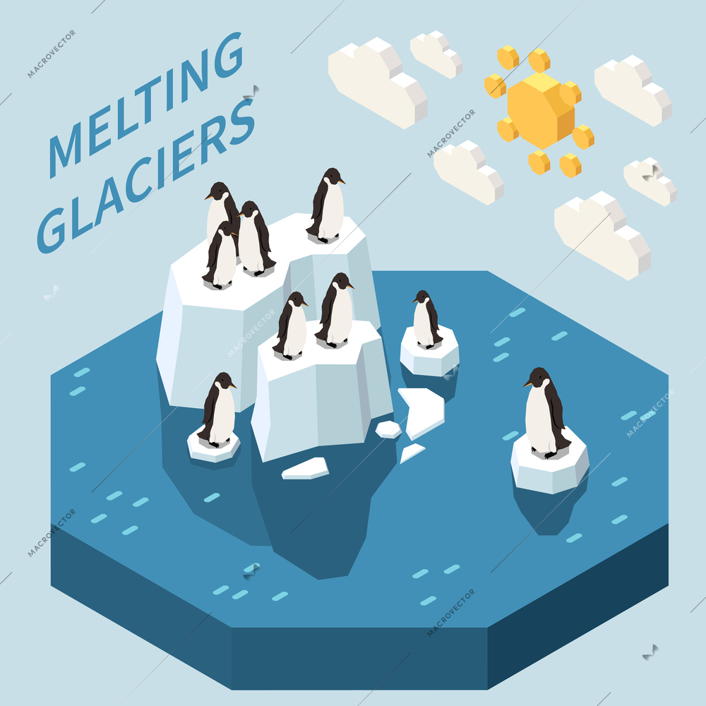 Climate change isometric background with group of penguins on melting glaciers 3d vector illustration