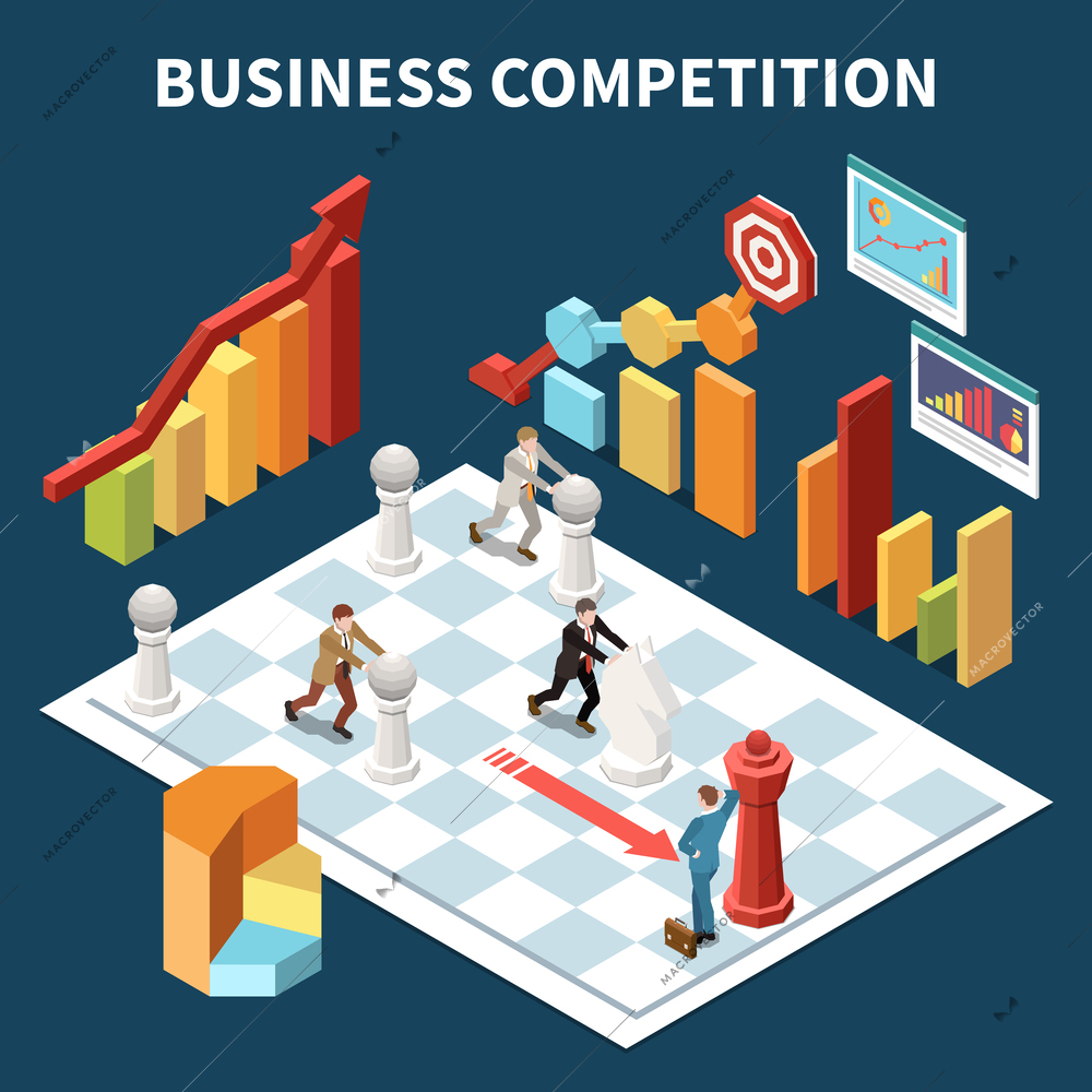 Business competition isometric background with small businessman characters moving chess pieces on large chess board vector illustration