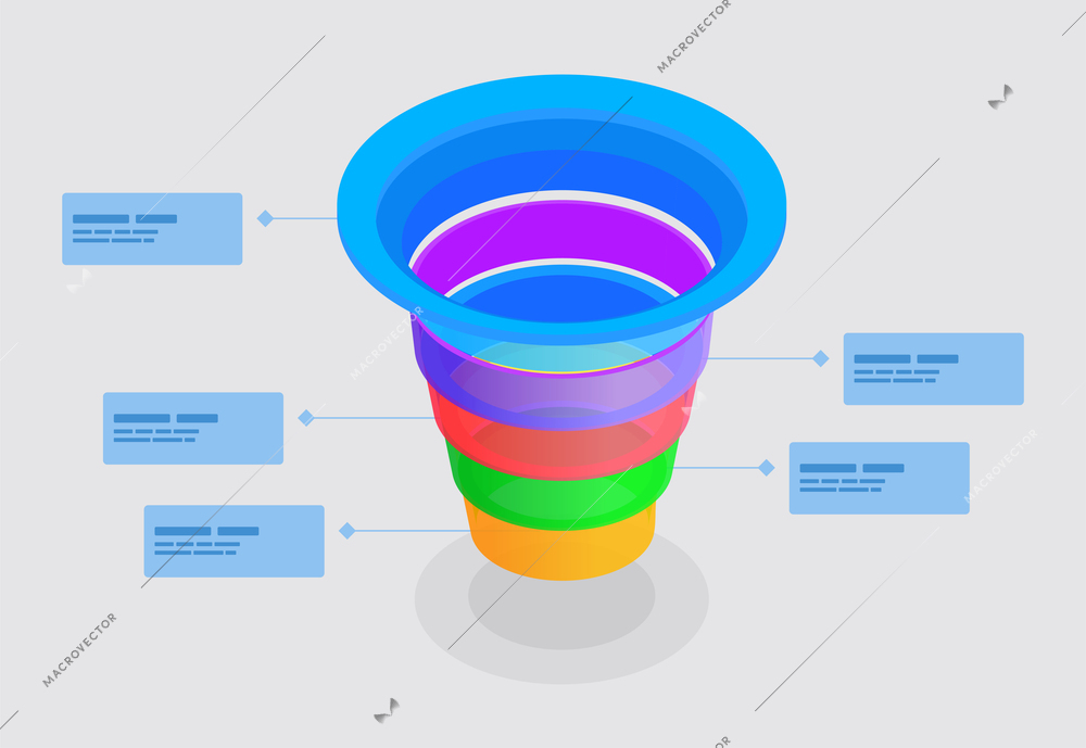 Vertical funnel colorful diagram with four segments infographics template for business presentations isometric vector illustration