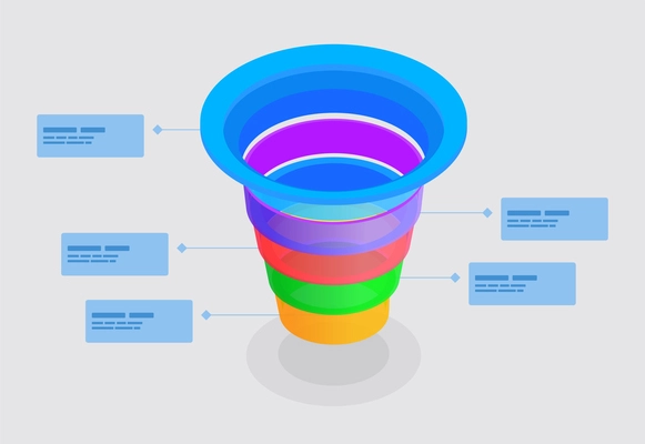 Vertical funnel colorful diagram with four segments infographics template for business presentations isometric vector illustration