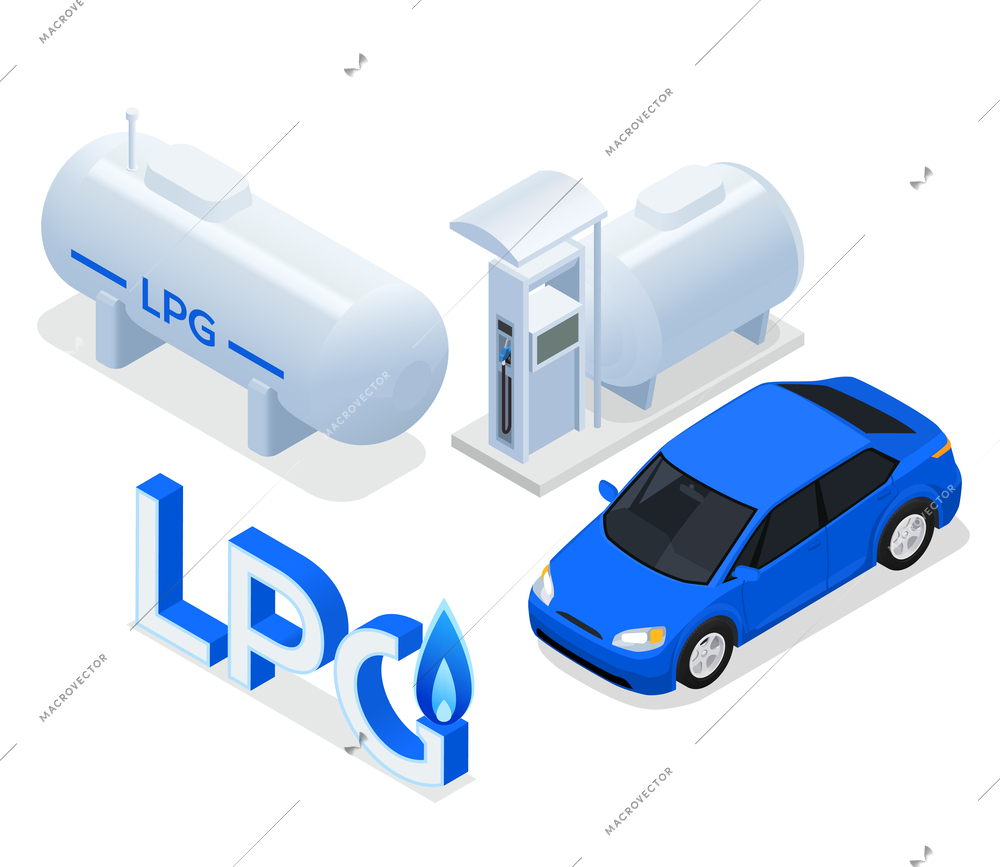 LPG isometric design concept set of container with liquefied petroleum gas and car refueling station isolated vector illustration