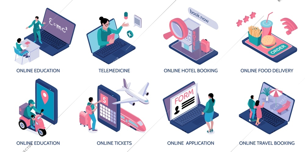 Online services isometric compositions isolated vector illustration