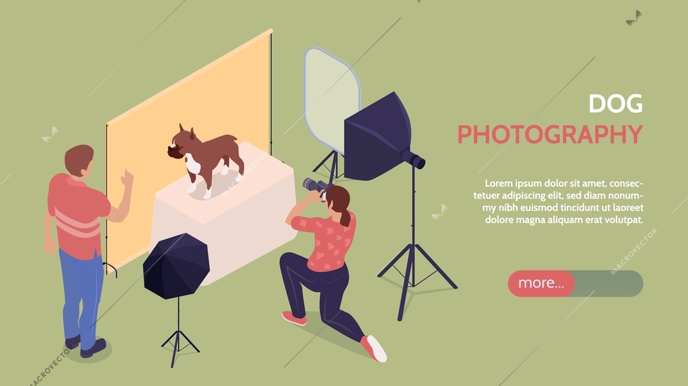 Photo session horizontal banner with kneeling female photographer photographing dog staying on box near owner isometric vector illustration