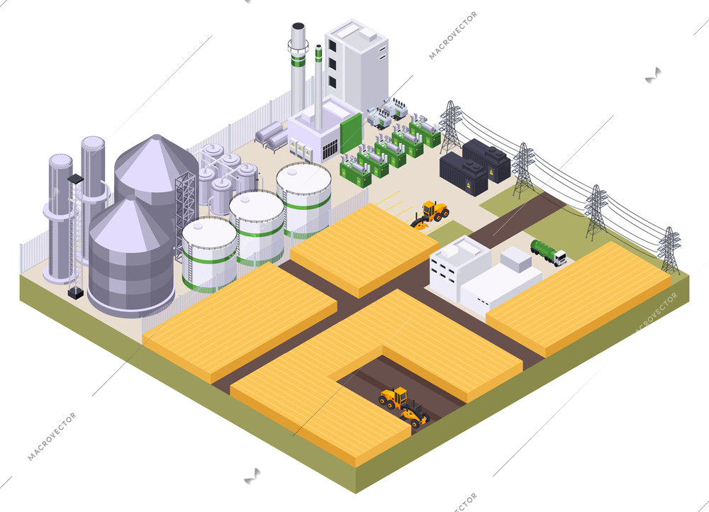 Bio fuel production isometric composition with outside view of modern energy plant with electric farm buildings vector illustration