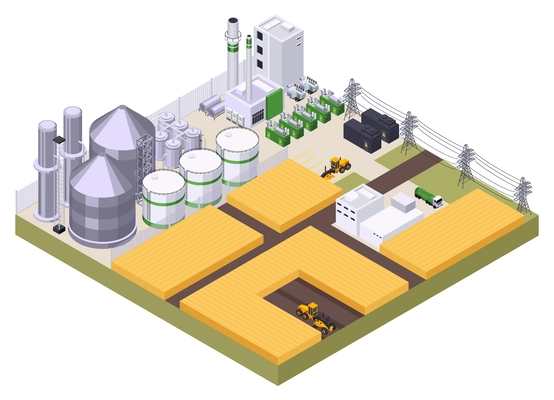 Bio fuel production isometric composition with outside view of modern energy plant with electric farm buildings vector illustration