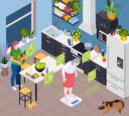 Senior healthcare healthy aging isometric composition with kitchen scenery weighs and old woman with fresh food vector illustration