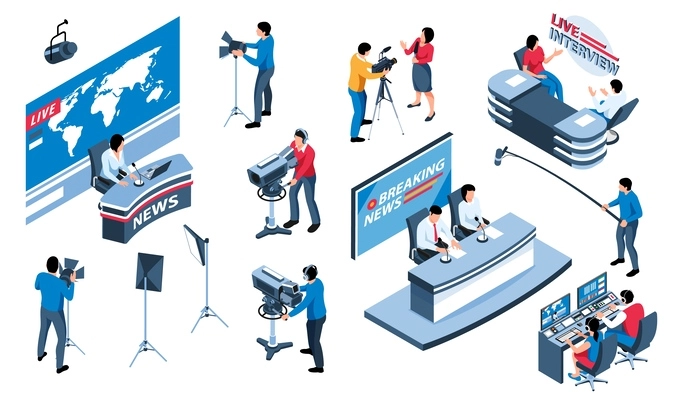 Isometric set of tv studio interior elements cameramen newscasters at work isolated against white background vector illustration