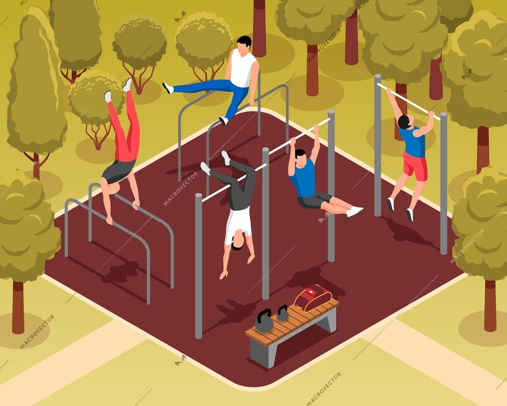 Street workout on sports ground with men doing gymnastic exercises on bars 3d isometric vector illustration