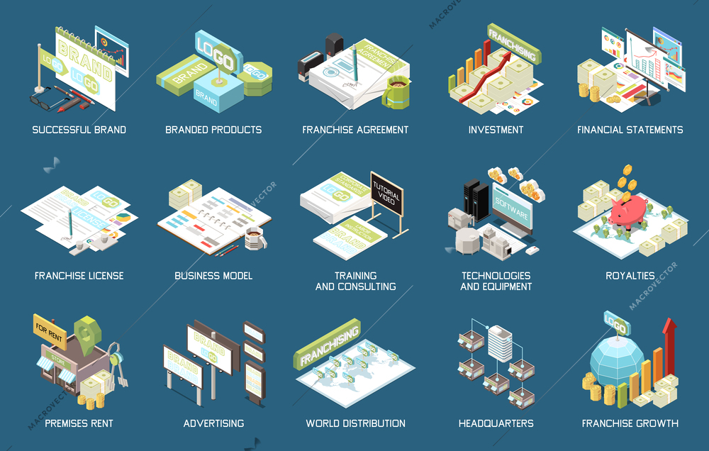 Franchising isometric set of training consulting license investment branded products royalties world distribution isolated icons vector illustration