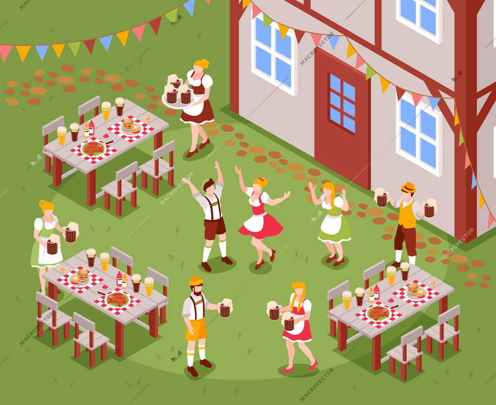 Isometric Oktoberfest festival concept with happy people in national German costumes vector illustration