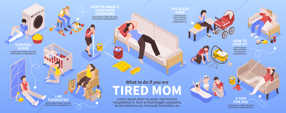 Woman tired from housework and motherhood isometric infographics vector illustration