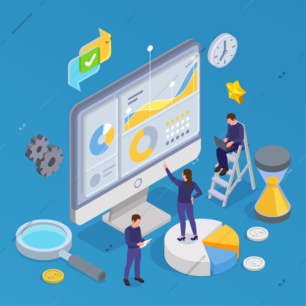 Business software isometric composition with people working on development and management of enterprise vector illustration