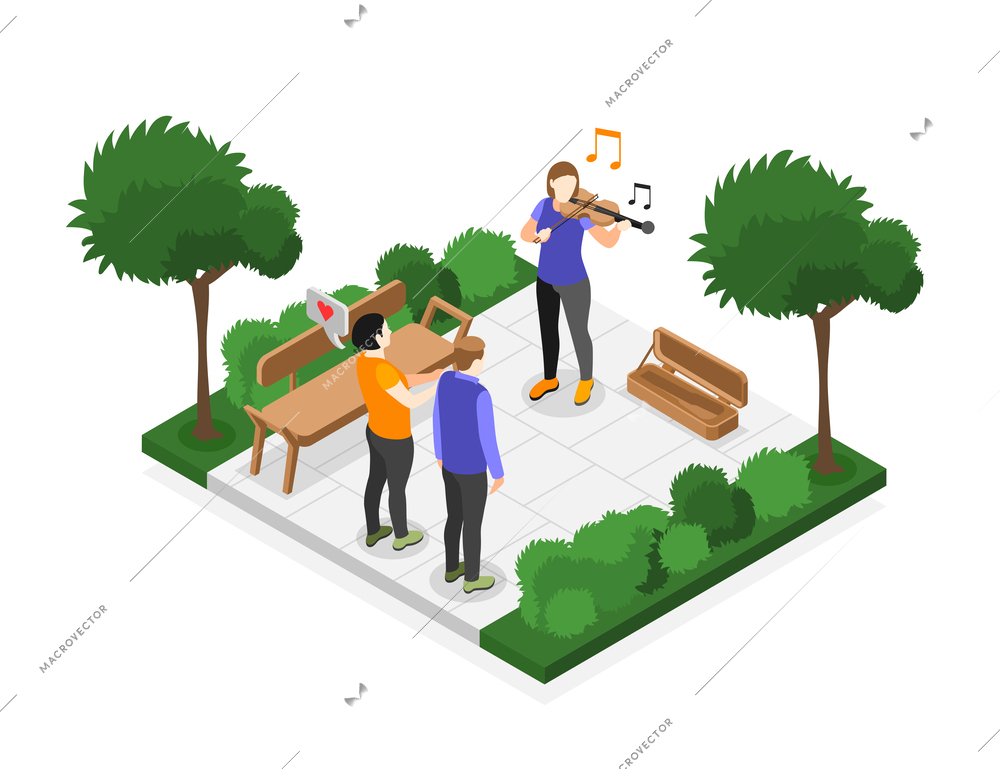 Street artists isometric composition with square piece of park landscape with female violin player and audience vector illustration