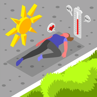 Heat stroke isometric composition with outdoor view of overheated woman lying on pavement with thermometer icon vector illustration