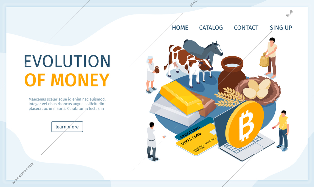 Evolution of money isometric landing page illustrated eco farm food golden bars plastic cards bitcoins vector illustration
