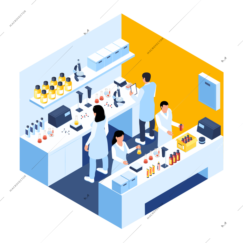 Cosmetics production factory isometric composition with people working in laboratory on new products vector illustration