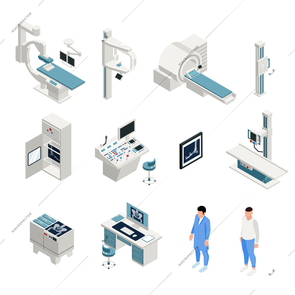 X-ray isometric icons set with healthcare symbols isolated vector illustration