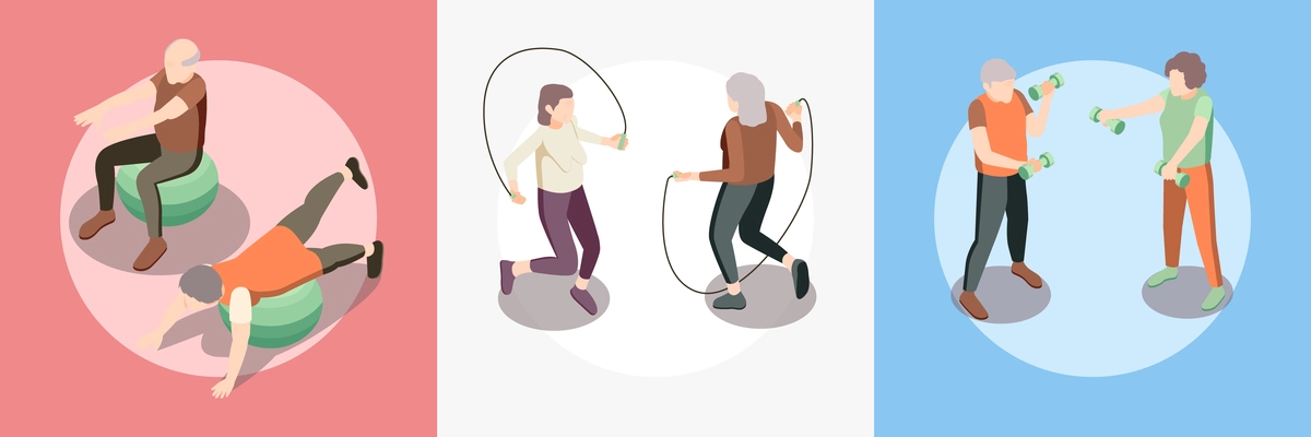 Old people fitness square set with health and energy symbols isometric isolated vector illustration