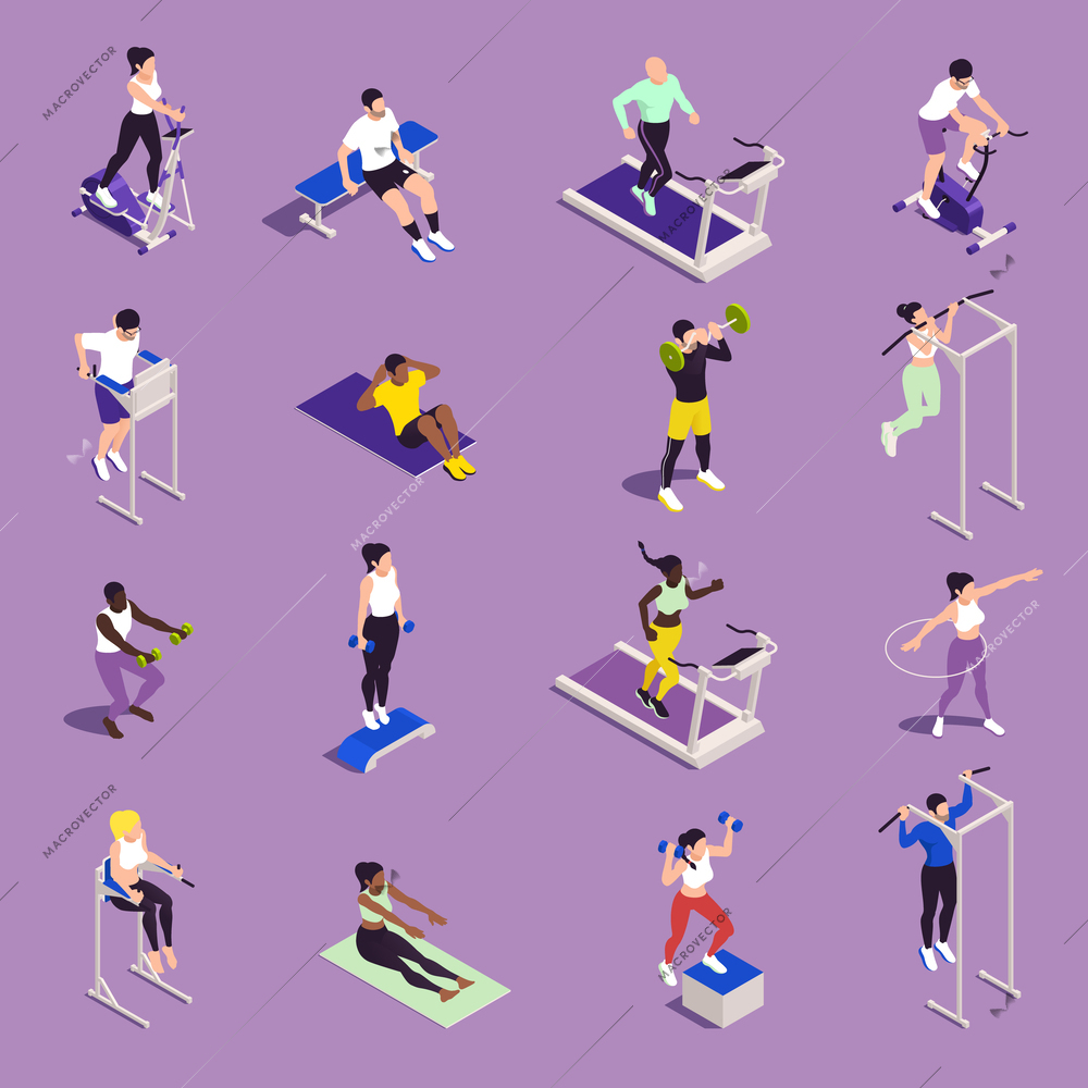 Home gym isometric icons set with people doing fitness with simple exercise machines isolated vector illustration