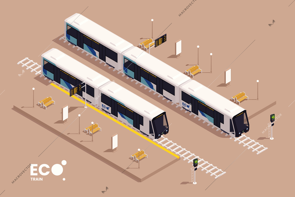 City tram isometric concept with eco sustainable public transport stop vector illustration