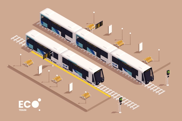 City tram isometric concept with eco sustainable public transport stop vector illustration